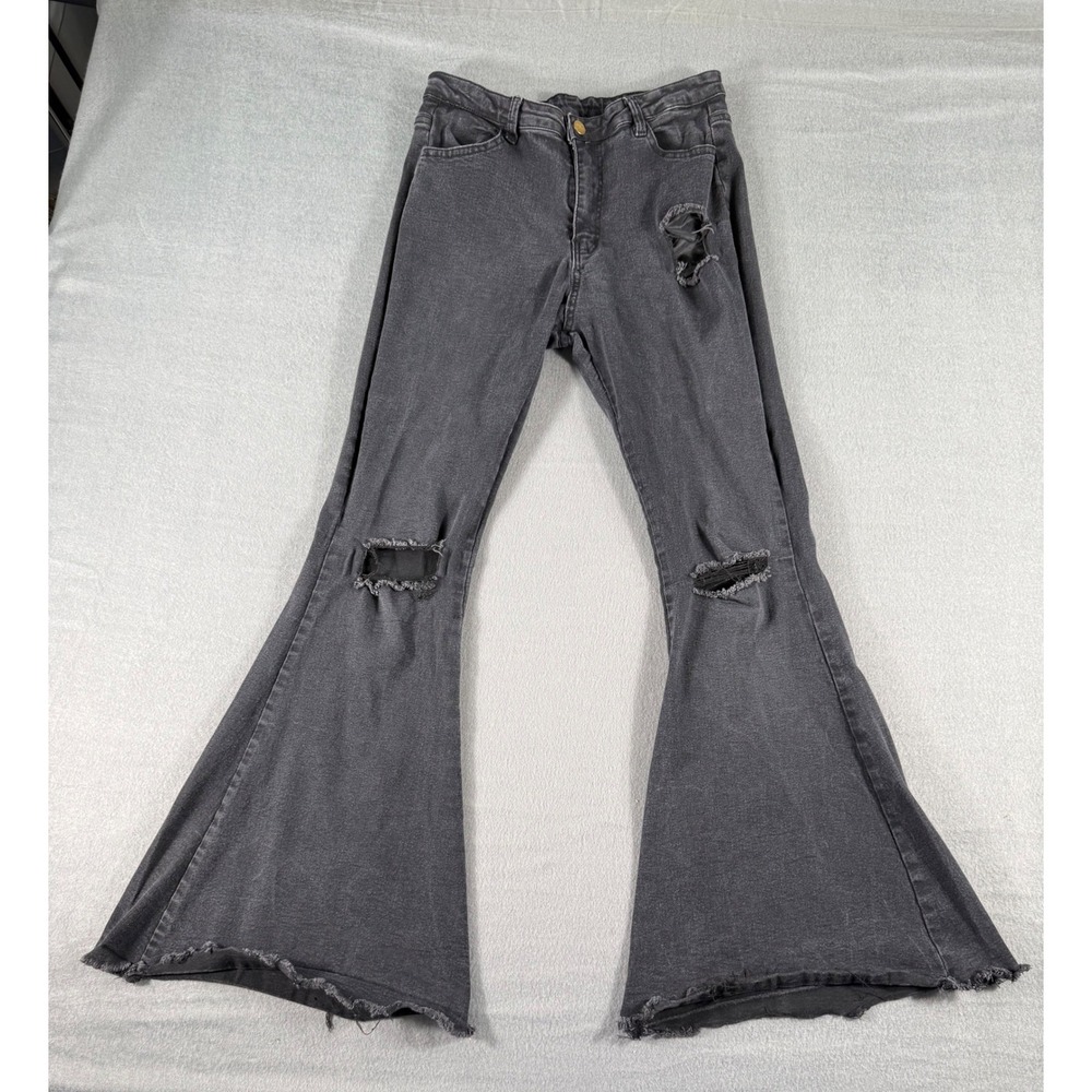 Distressed Gray Flare Jeans Ripped Knees Frayed Hem 70s Grunge Retro Boho Denim